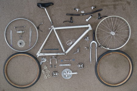 vintage Cunningham mountain bike parts spread out before building