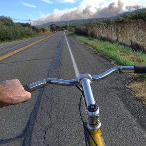 Smoke from fire over Inverness Ridge seen from bike on highway 1
